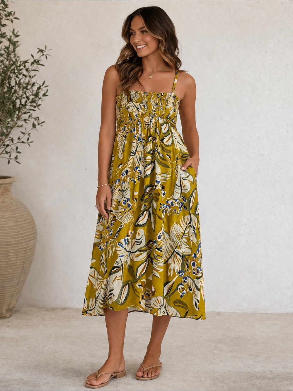 Smocked Strappy Midi Dress Floral